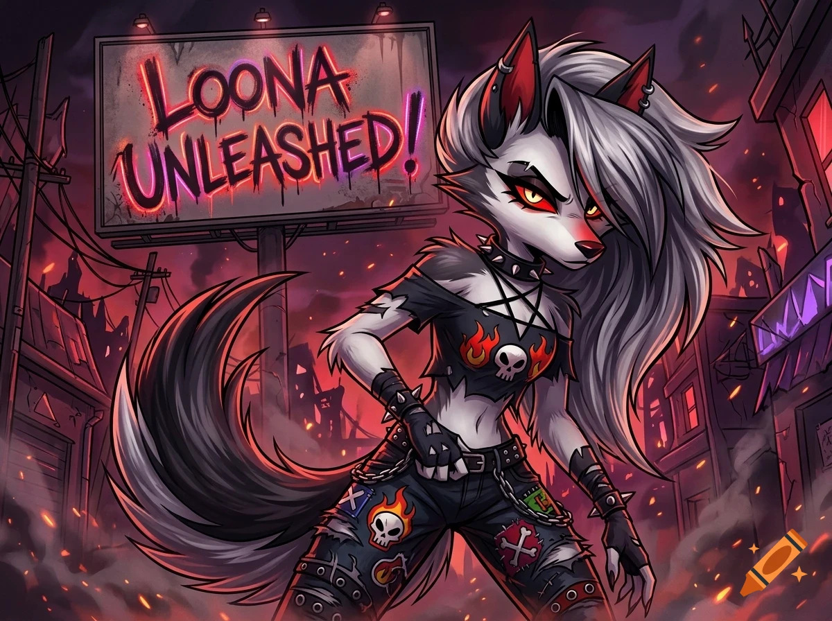 An anthropomorphic gray wolf character with red-accented ears, wearing a punk-rock outfit with a skull crop top and studded pants, stands before a ruined urban backdrop with a glowing neon billboard reading 'Loona Unleashed!'.