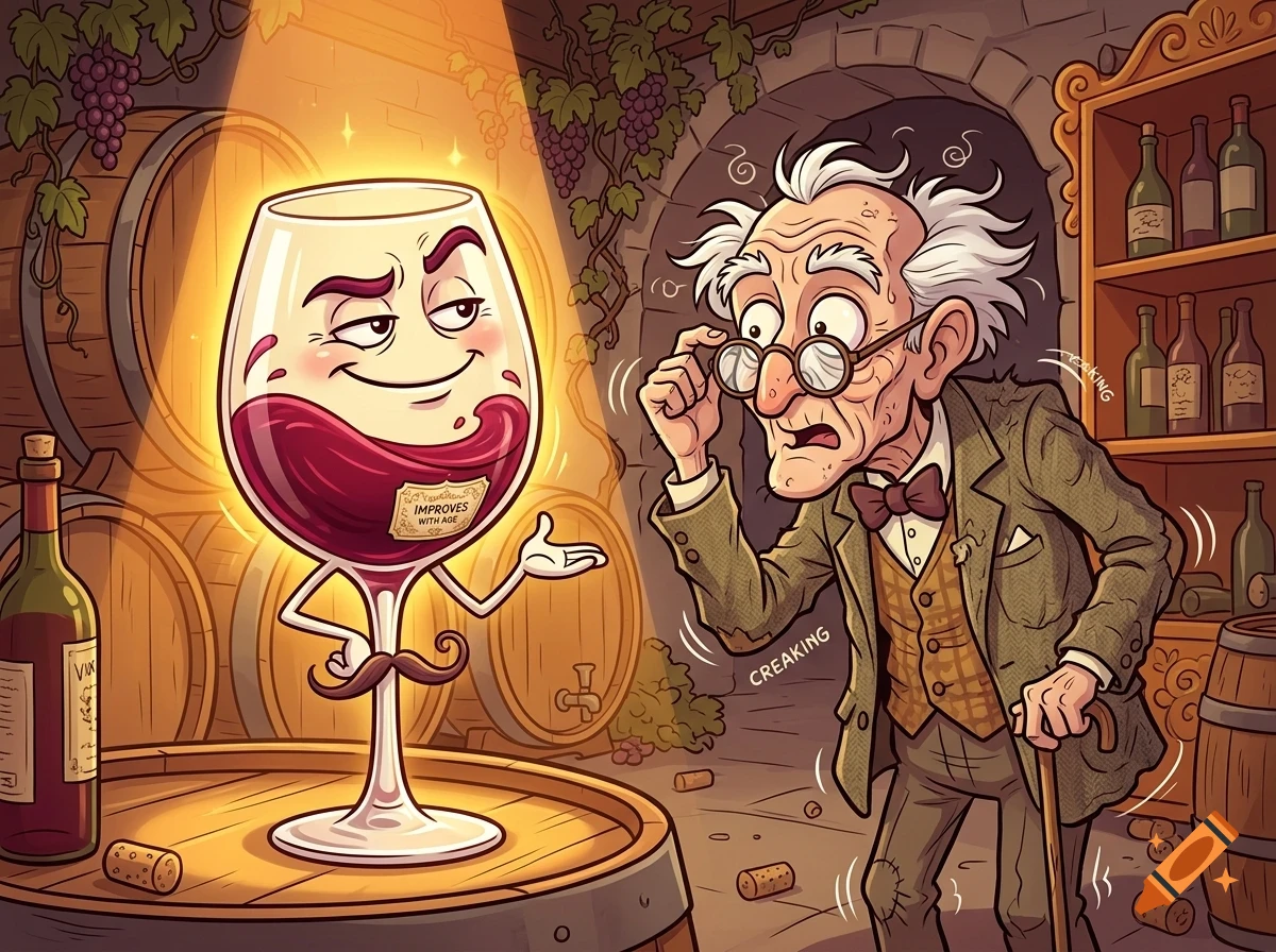An illustration of an anthropomorphic wine glass with a smug face, mustache, and a label reading 'Improves with age' standing next to an elderly man with glasses looking surprised in a wine cellar.