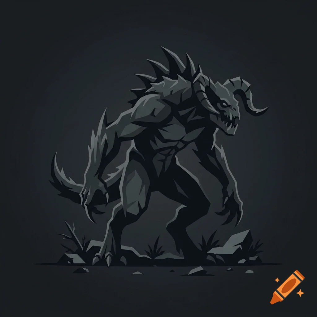 A stylized dark grey fantasy creature with horns, spikes along its back, and sharp claws, standing on rocky ground against a dark background.