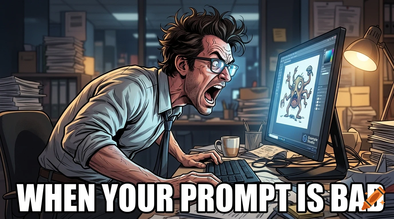 An illustration of a frustrated office worker with wild hair and glasses screaming at a computer monitor displaying an abstract creature, with meme text reading "WHEN YOUR PROMPT IS BAD" at the bottom.