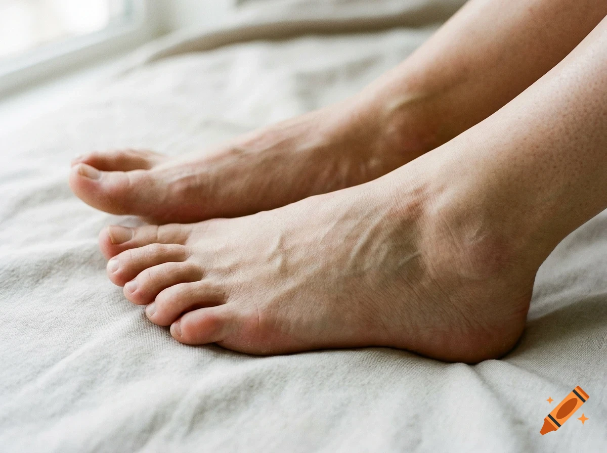 Close-up of human feet resting on a light-colored fabric surface.