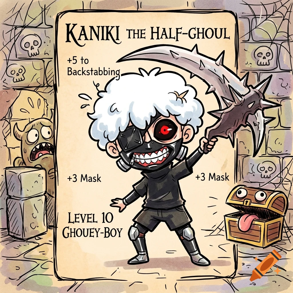 A cartoon illustration of a character card featuring a white-haired figure in a mask holding a spiked weapon in a dungeon setting.