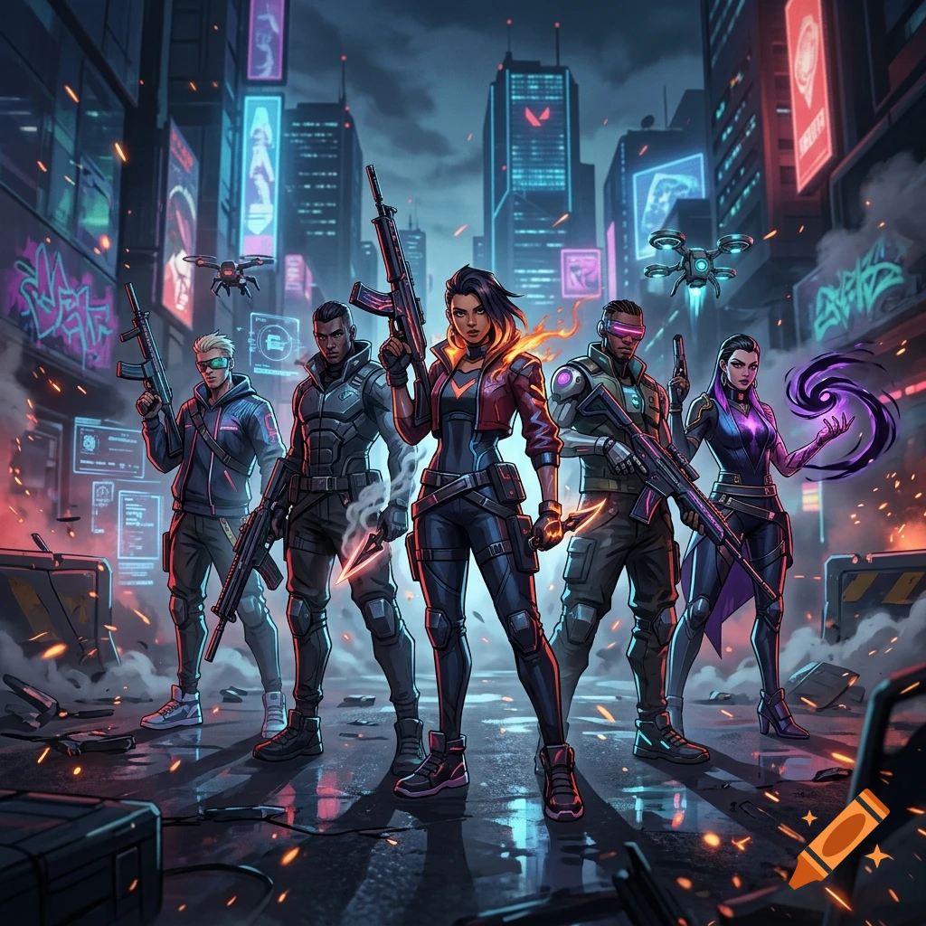 Digital illustration of five futuristic agents with weapons standing in a neon-lit cyberpunk city street.