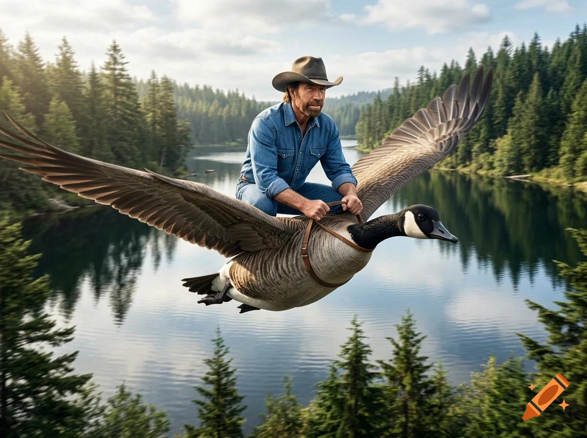 A cowboy in a hat and denim shirt rides a giant flying Canada goose over a forested lake.