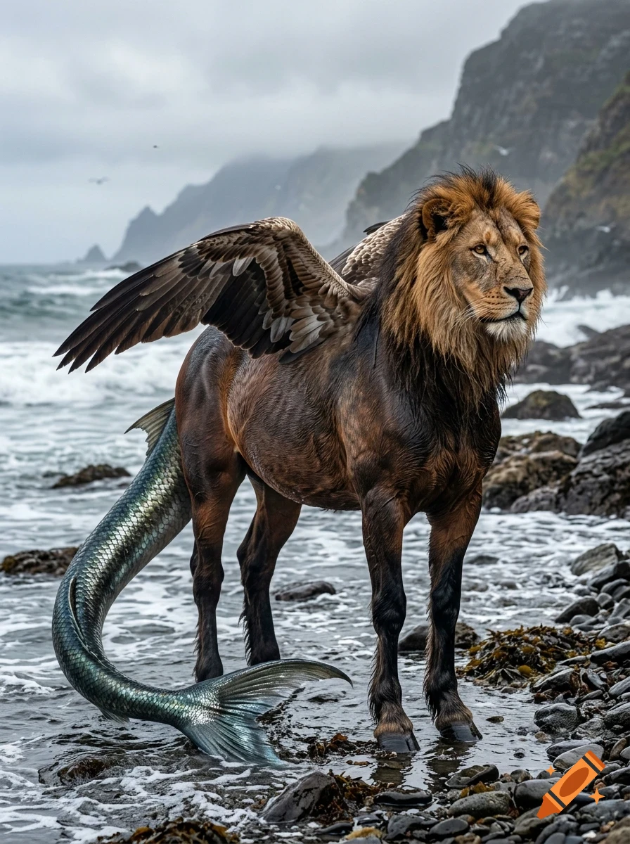 A mythical creature with the head and mane of a lion, body of a horse, wings of an eagle, and a scaly fish tail, standing on a rocky beach by the ocean.