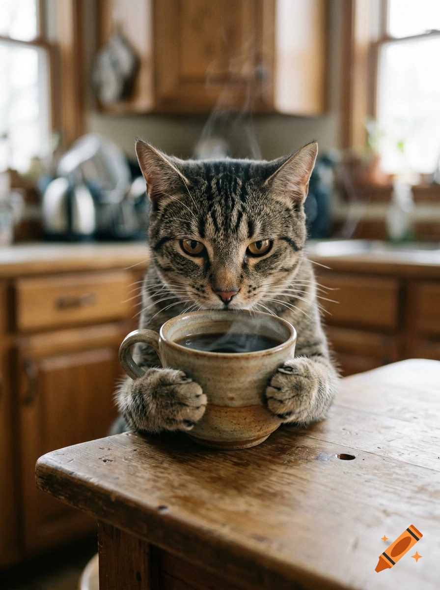 Photorealistic image of a gray and brown tabby cat holding a steaming coffee mug with its paws in a rustic kitchen.