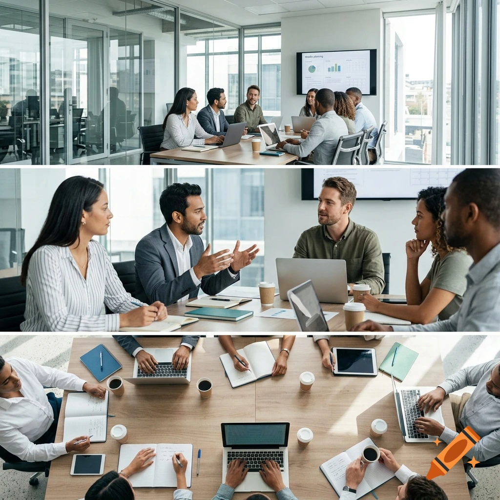 Photorealistic composite image showing a team of professionals in a modern office during a meeting.