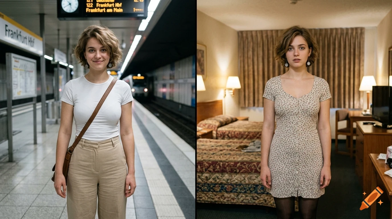 A side-by-side composite image showing a young woman standing on a train station platform on the left and inside a hotel room on the right.