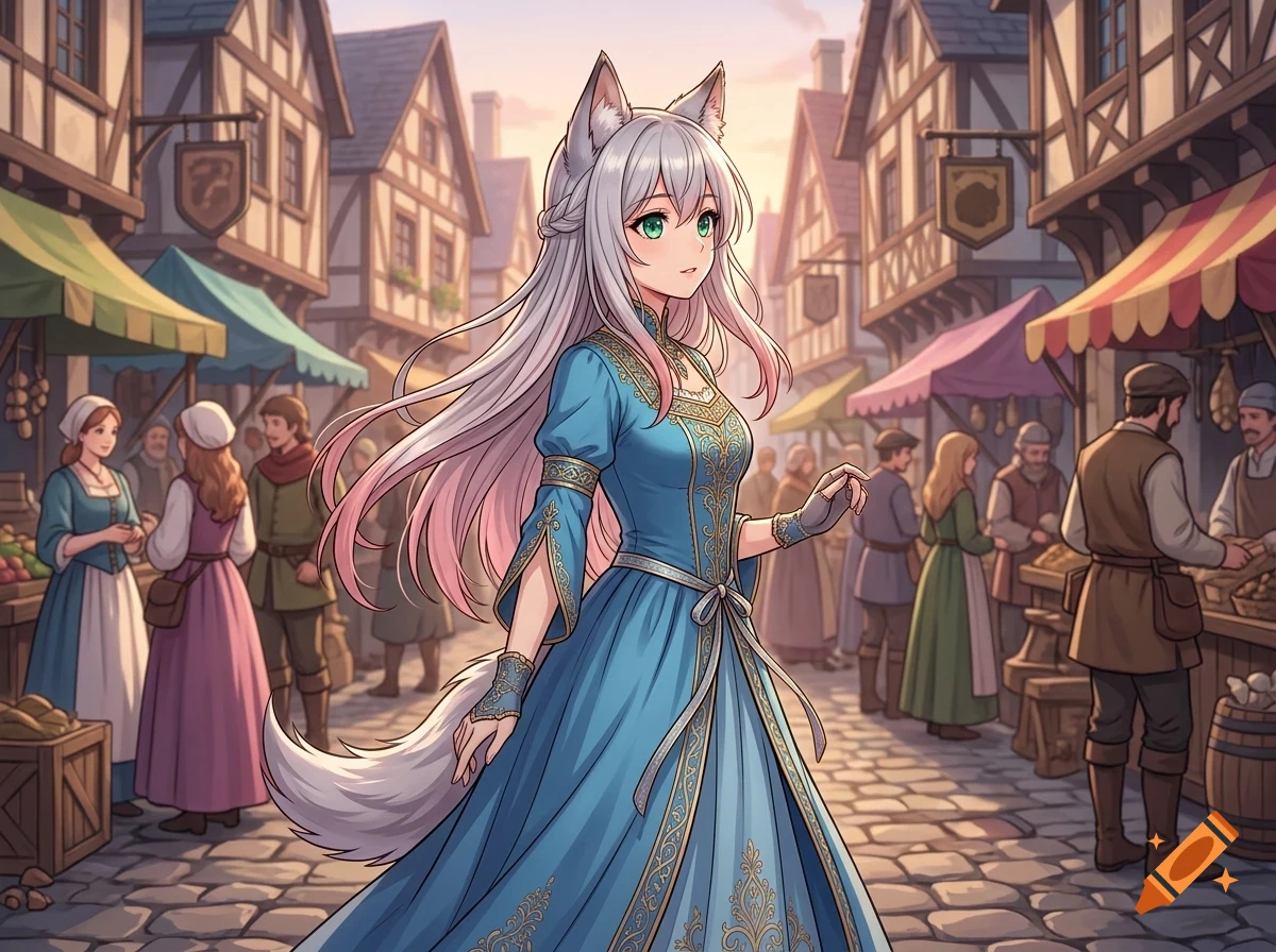 An anime-style illustration of a white-haired girl with animal ears and a tail wearing a blue medieval gown, walking down a busy cobblestone market street.