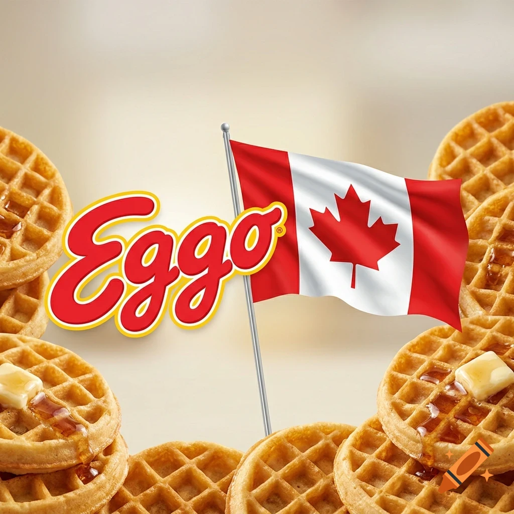 An advertisement for Eggo waffles featuring a Canadian flag and the Eggo logo surrounded by golden waffles with syrup and butter.