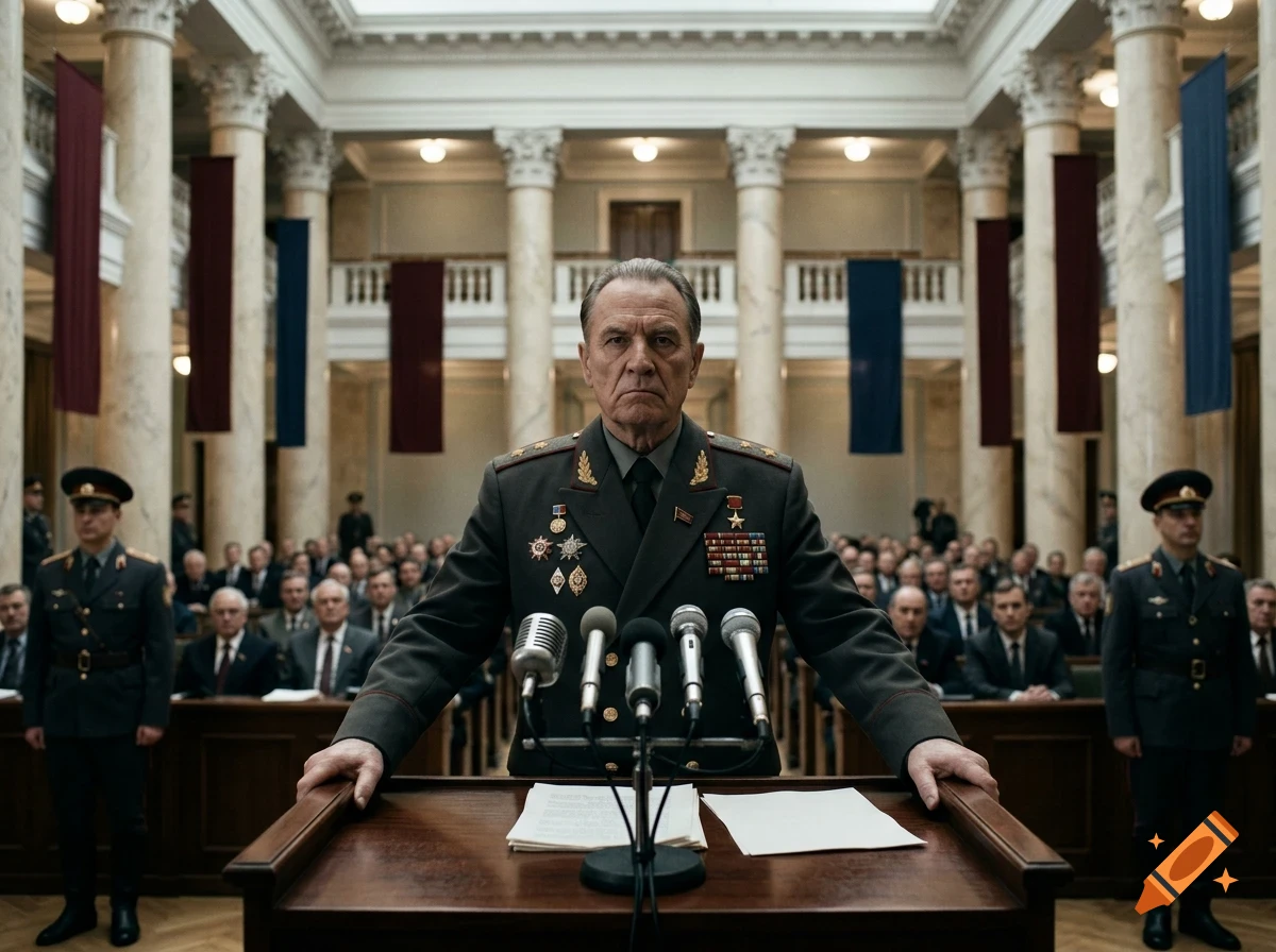 A high-ranking military official in uniform standing at a wooden podium with microphones, addressing a large audience inside a grand hall with classical columns.