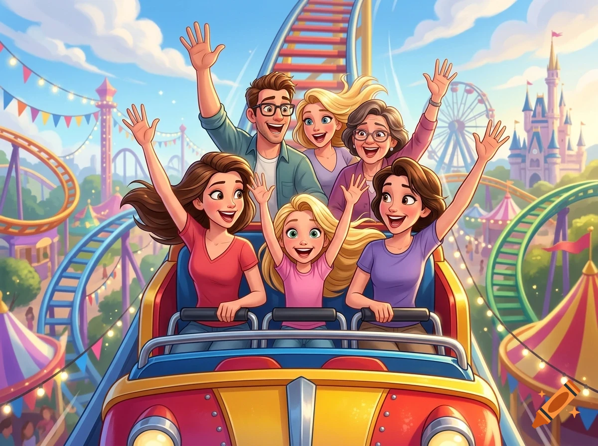 An illustration of a diverse family of six riding a roller coaster at an amusement park, all smiling with their arms raised in excitement.