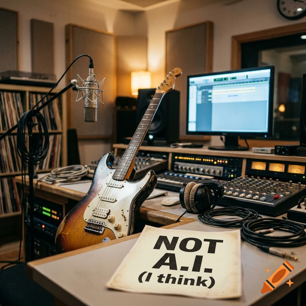 Photorealistic recording studio interior with an electric guitar leaning against a desk and a sign reading NOT A.I. (I think)