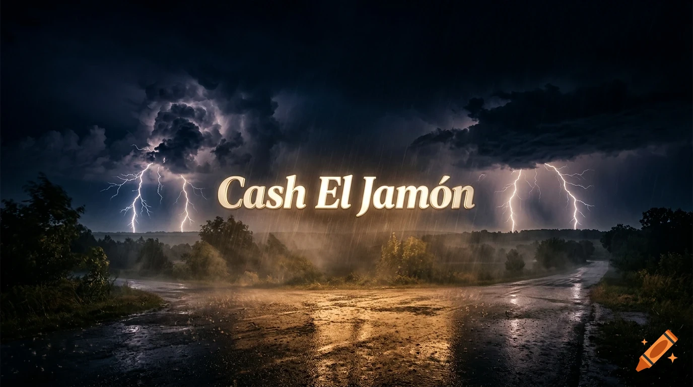 A stormy landscape at twilight featuring lightning strikes over a wet road and trees, with the text "Cash El Jamón" displayed centrally.