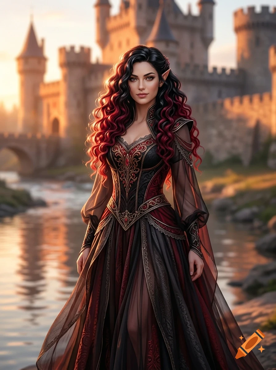 An elven woman with long dark and red curly hair, wearing an ornate medieval dress, standing in front of a castle and a body of water during sunset.
