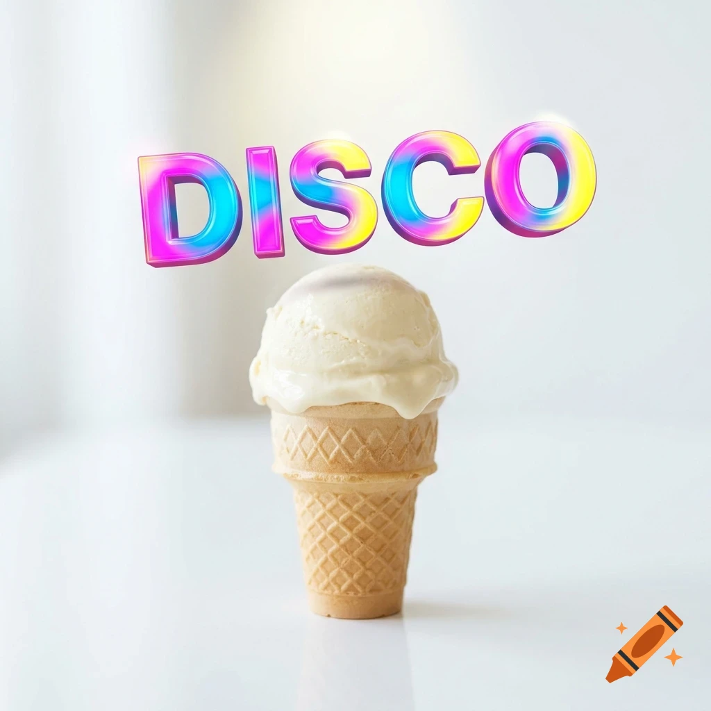 A single scoop of white ice cream in a waffle cone against a white background, with the word DISCO in colorful 3D letters floating above.