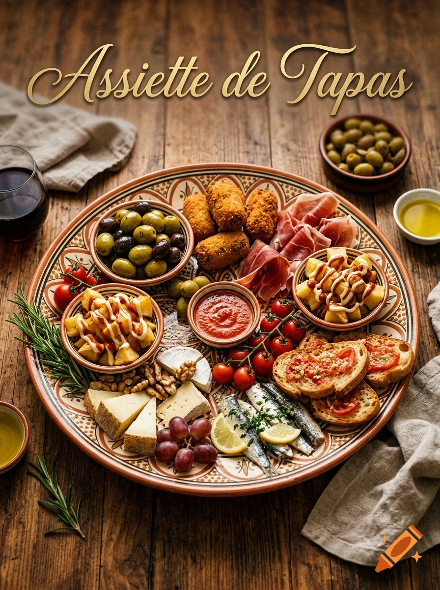 An overhead shot of a large, elaborately decorated serving platter filled with an assortment of tapas, including olives, cured meats, croquettes, cheese, bread, and tomatoes, on a wooden table with the text 'Assiette de Tapas' at the top.