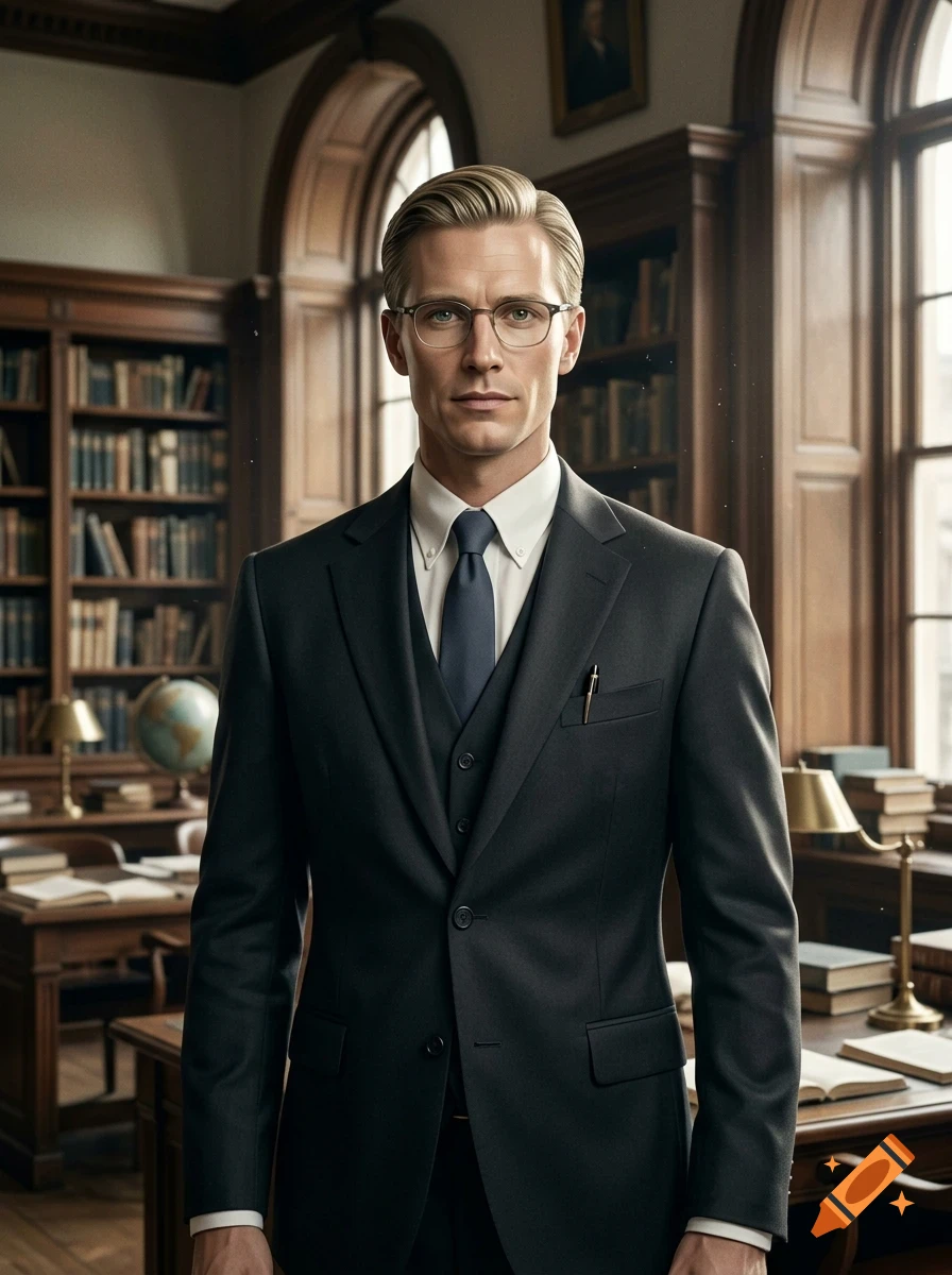A man in a dark suit and tie standing in a wood-paneled library with bookshelves and desks.