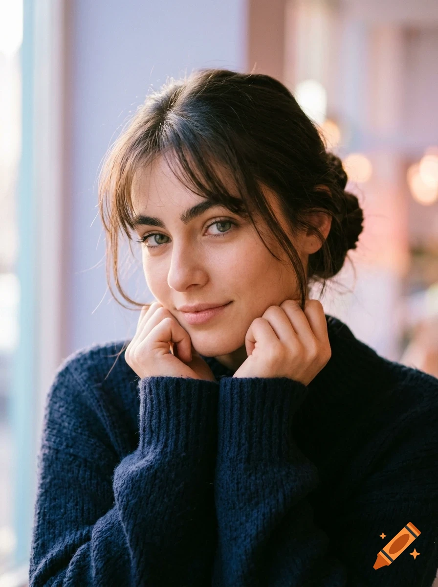 Portrait of a young woman with dark hair in a bun and bangs, wearing a dark sweater, resting her chin on her fists indoors.