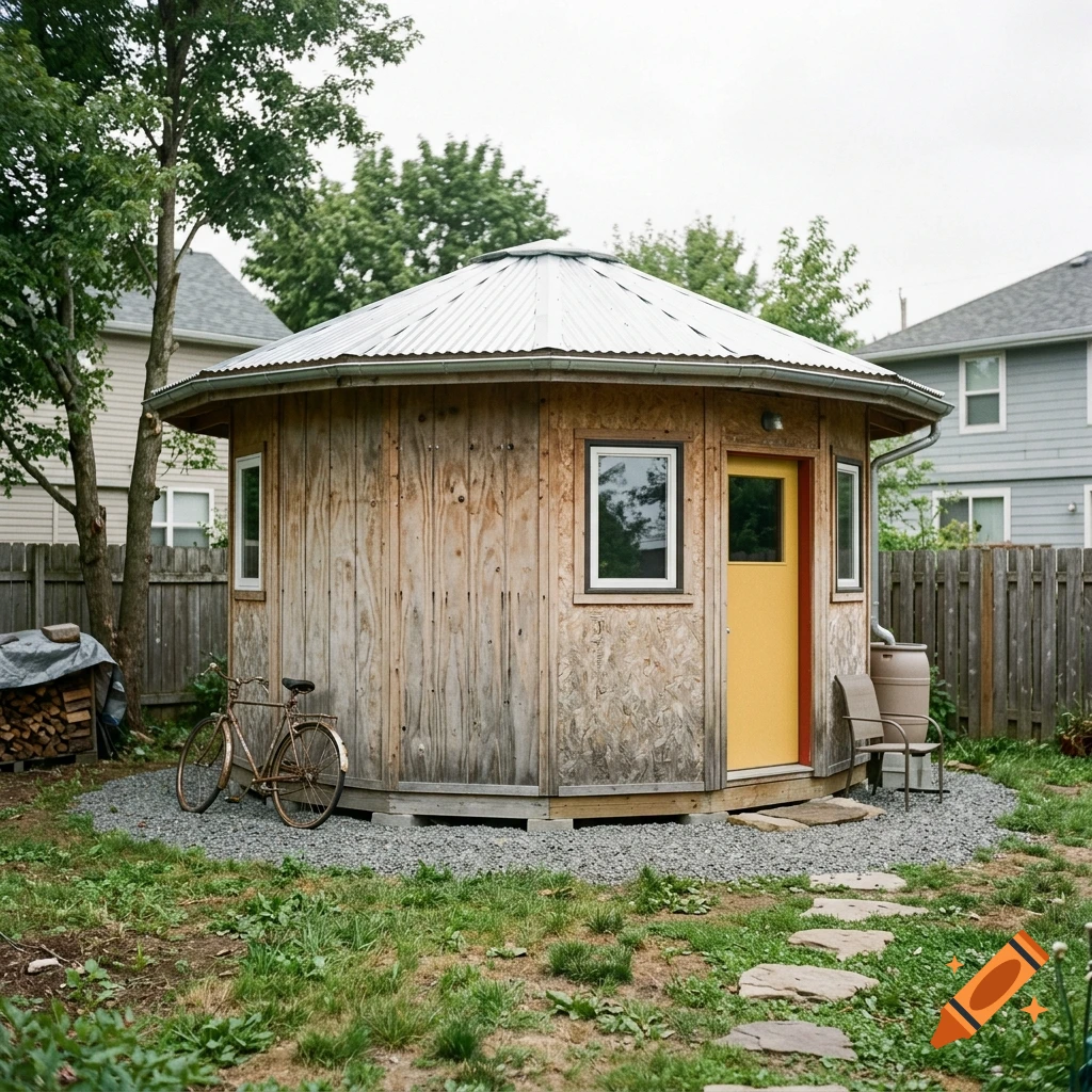 Photograph of a small round wooden shed with a corrugated metal roof in a suburban backyard.