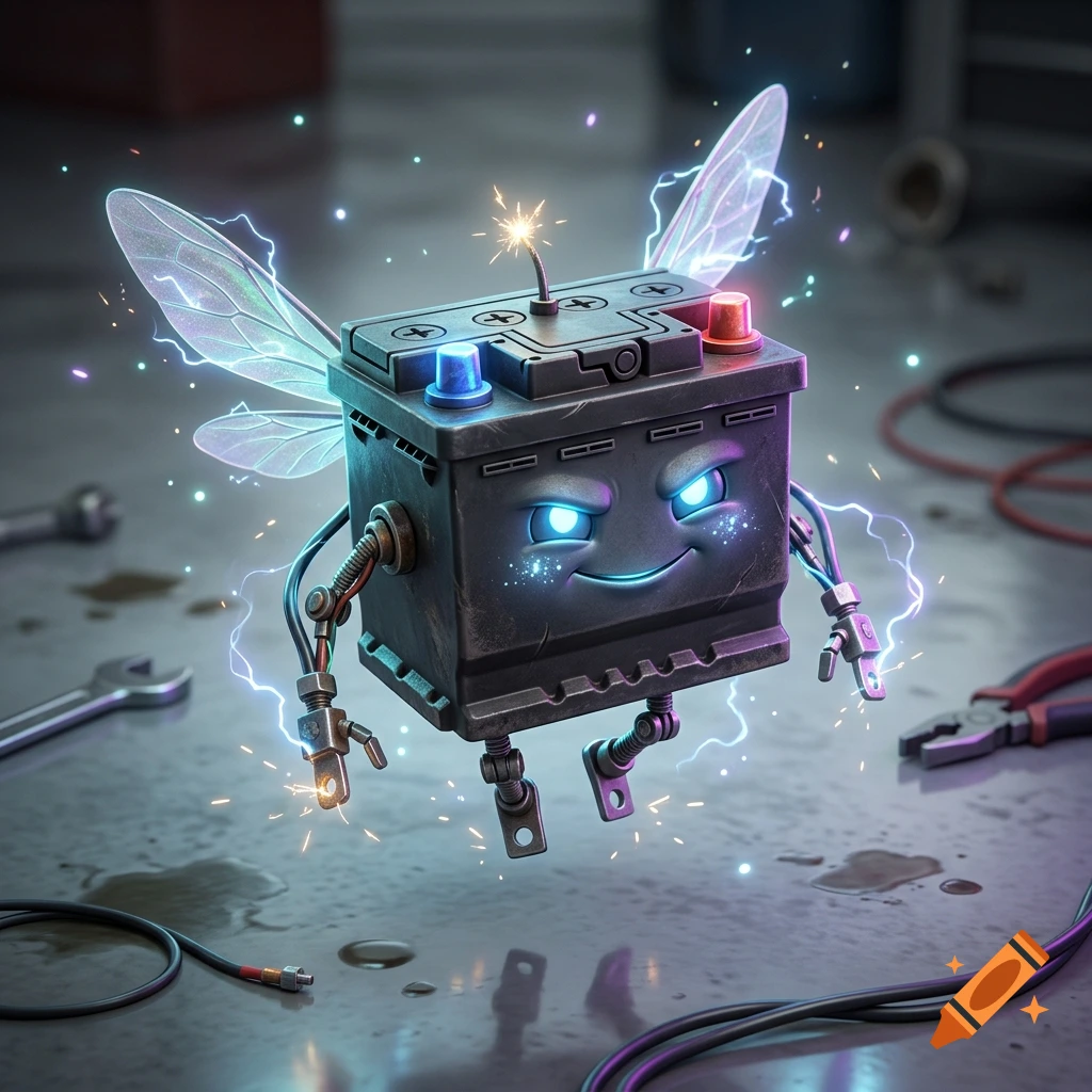 A stylized car battery sprite with fairy wings, glowing eyes, and electrical sparks in a workshop setting.