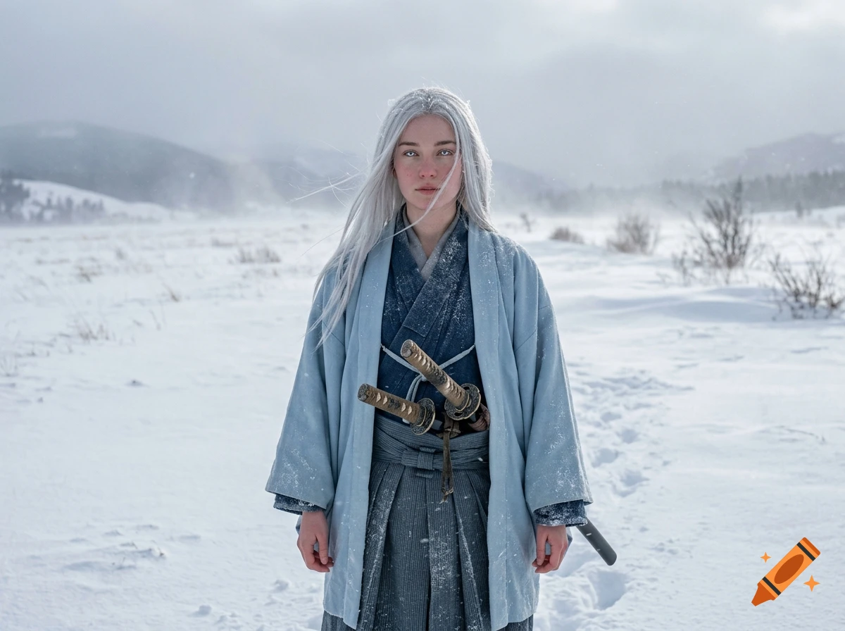 Photorealistic portrait of a woman with white hair and silver eyes, wearing a pale blue haori and holding two katanas in a snowy field.