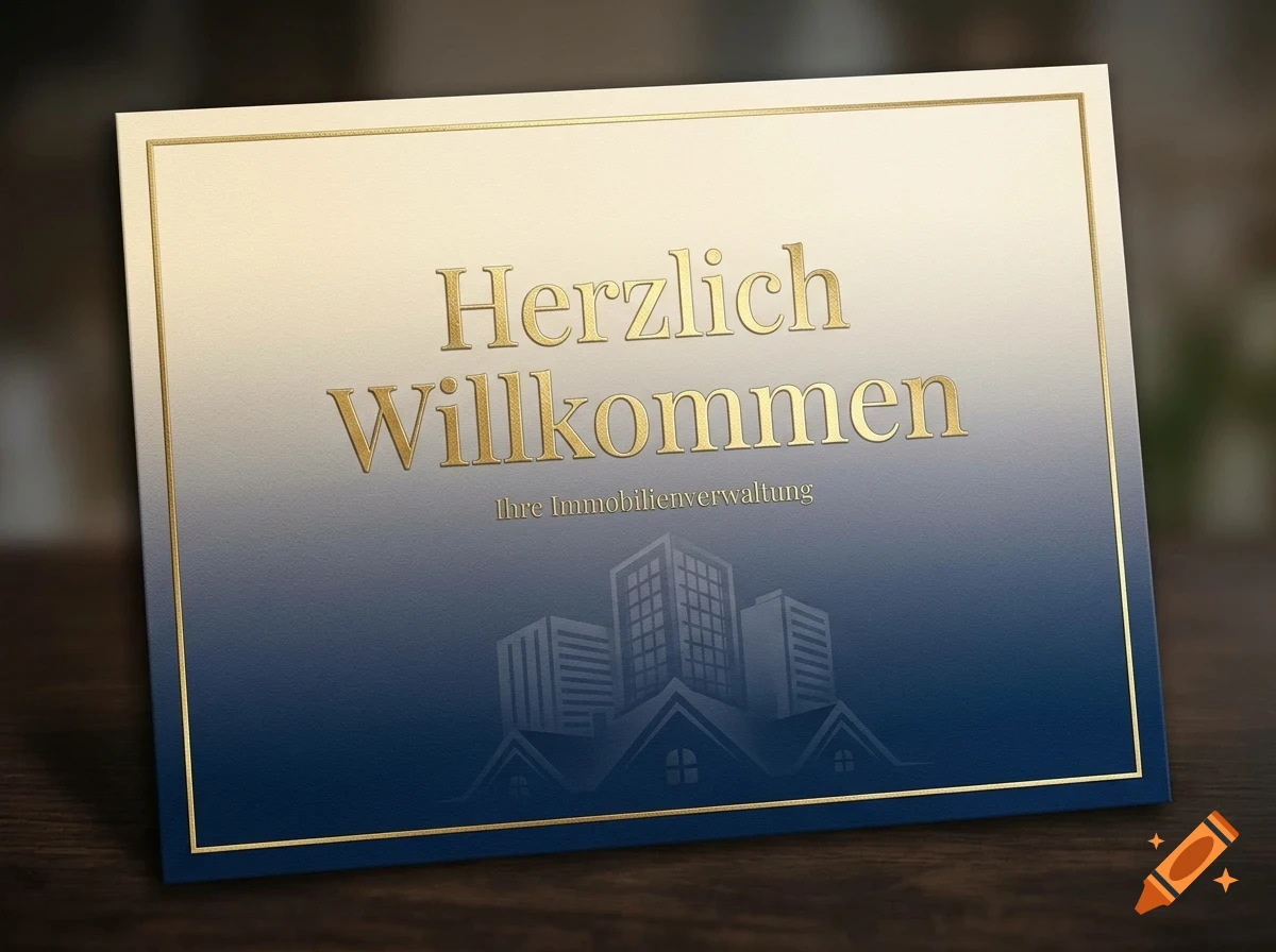 A greeting card with a dark blue and cream gradient background, featuring gold embossed lettering that says 'Herzlich Willkommen' and an illustration of buildings at the bottom.