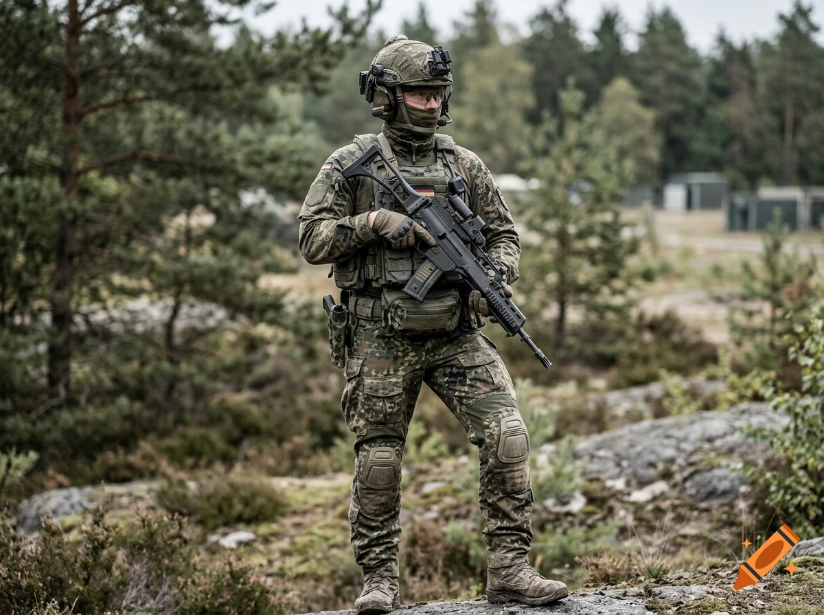 Photorealistic full-body shot of a German KSK soldier in camouflage gear holding a rifle in a forest.