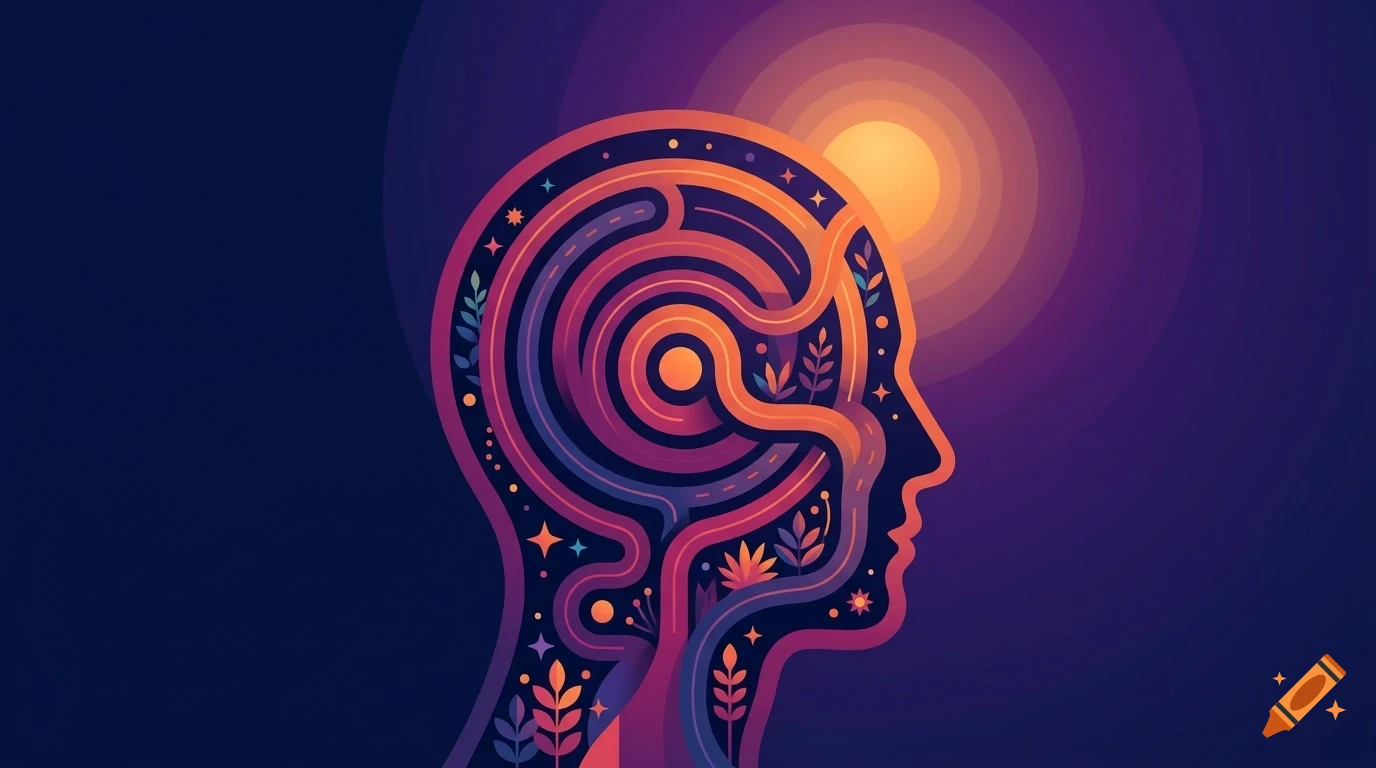 An artistic illustration in profile of a human head filled with a glowing maze, botanical elements, stars, and a bright sun above against a dark purple background.