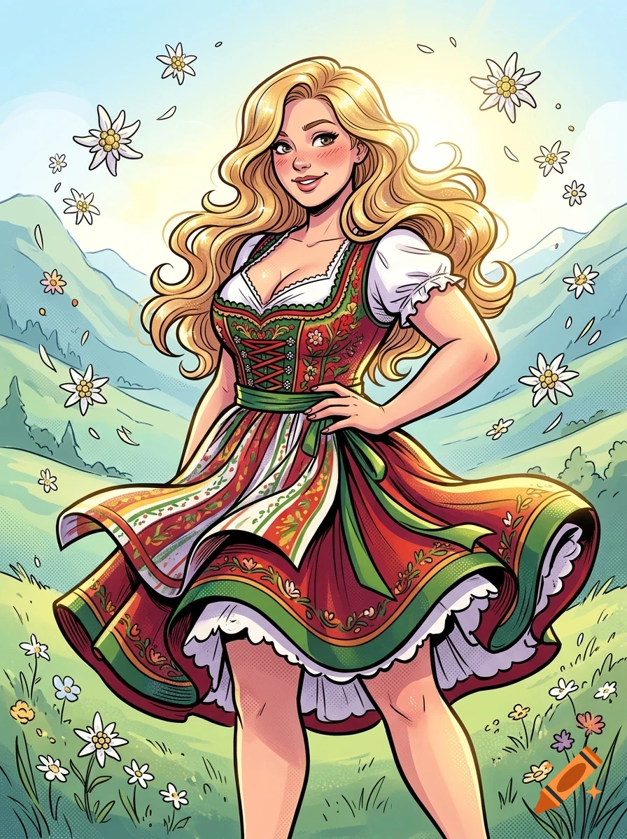 An illustrated portrait of a blonde woman wearing a traditional dirndl dress in a sunny alpine meadow with white edelweiss flowers.
