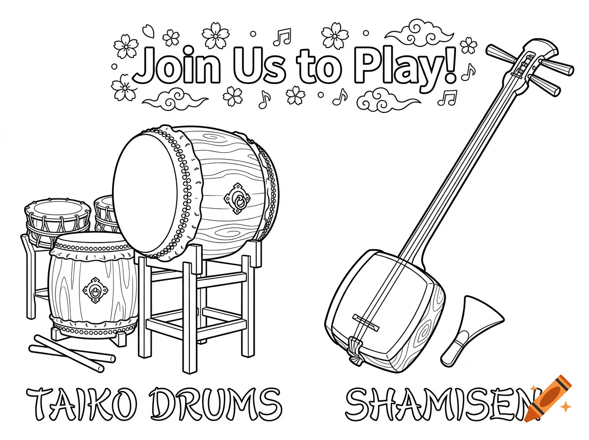 A black and white outline coloring page featuring traditional Japanese instruments, including taiko drums and a shamisen, surrounded by cherry blossoms and the text Join Us to Play!