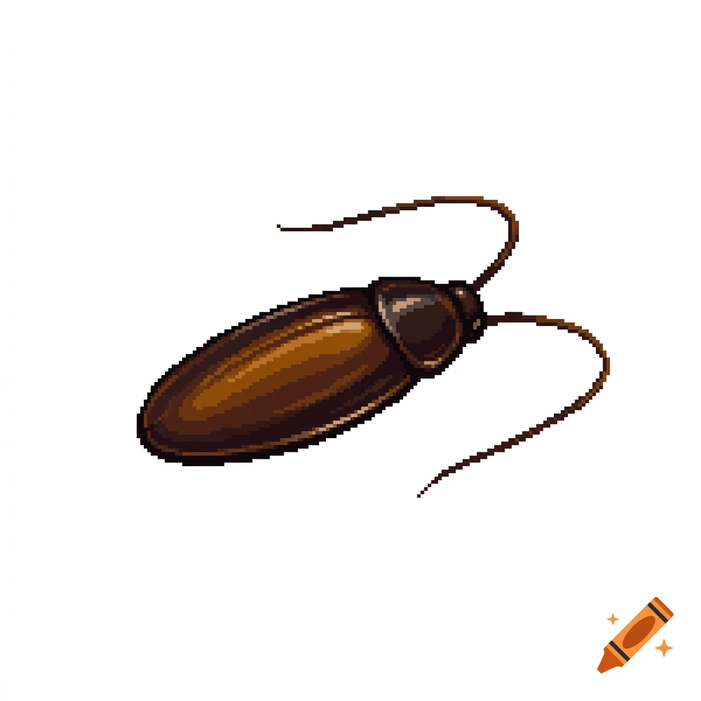 Pixel-art game sprite of a glossy brown cockroach viewed from above against a white background.