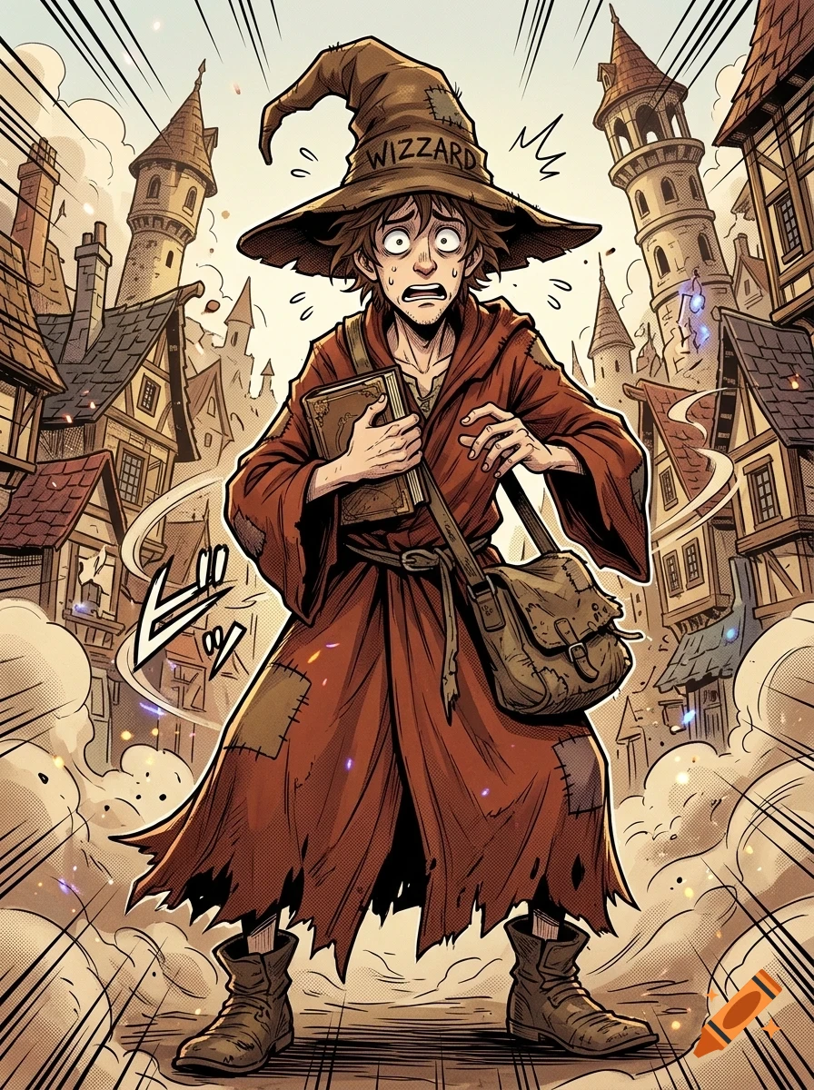 An illustration of a panicked wizard holding a book and bag, standing in a medieval street with towers and buildings in the background.