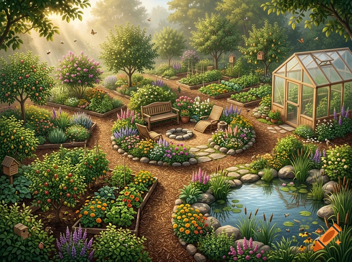 A lush community garden featuring raised beds filled with various vegetables and flowers, fruit trees, a small greenhouse, a seating area with a fire pit, and a small pond.