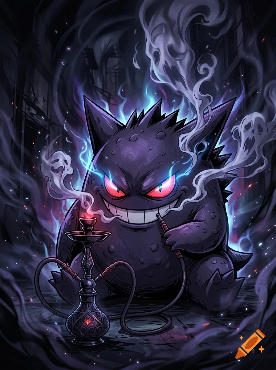 An illustration of the Pokémon Gengar sitting in a dark alleyway, smoking a hookah with smoke shaped like ghosts swirling around.