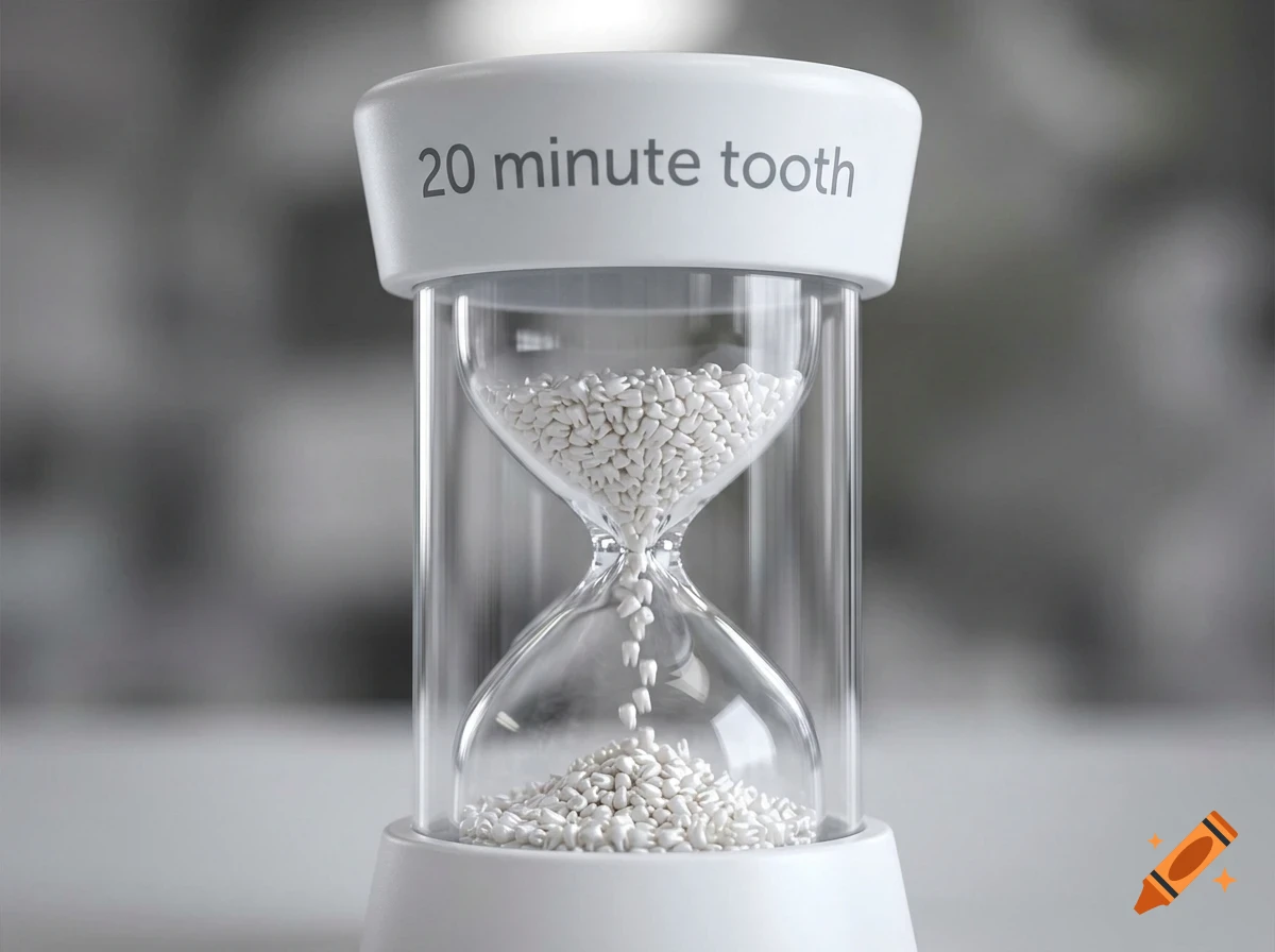 An hourglass-shaped timer filled with tiny white tooth-shaped beads instead of sand, featuring the text "20 minute tooth" on the top rim.