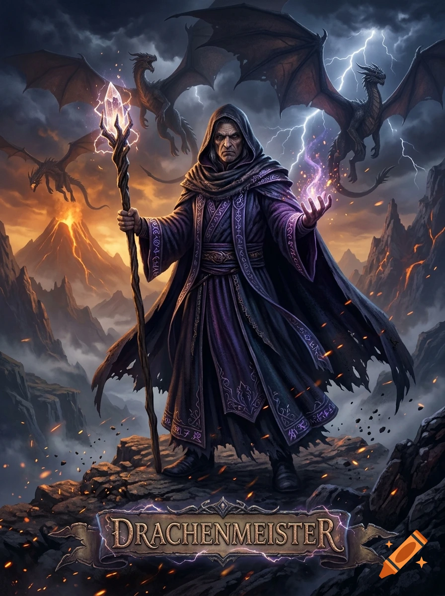 Fantasy digital illustration of a robed wizard holding a staff with a glowing crystal, standing before flying dragons and a volcano.