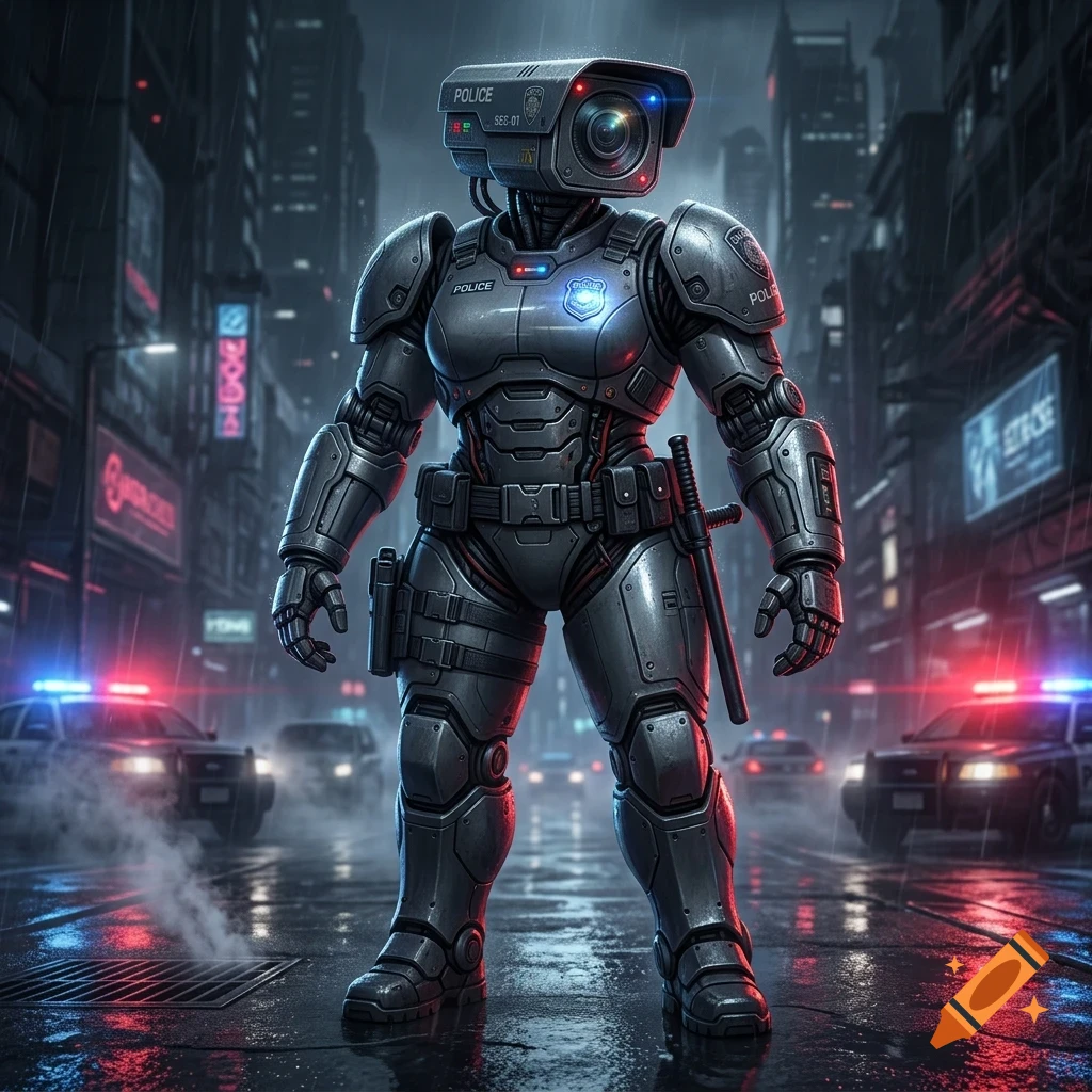 A futuristic robotic police officer with a surveillance camera head stands on a wet city street at night, flanked by police cars.