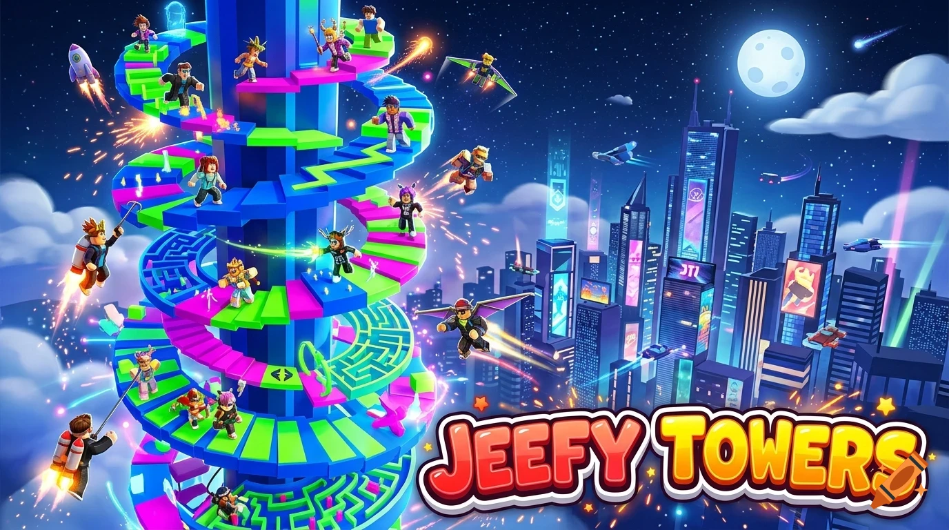 A digital illustration of characters climbing a colorful spiral tower under a night sky with a city skyline and the text JEEFY TOWERS.