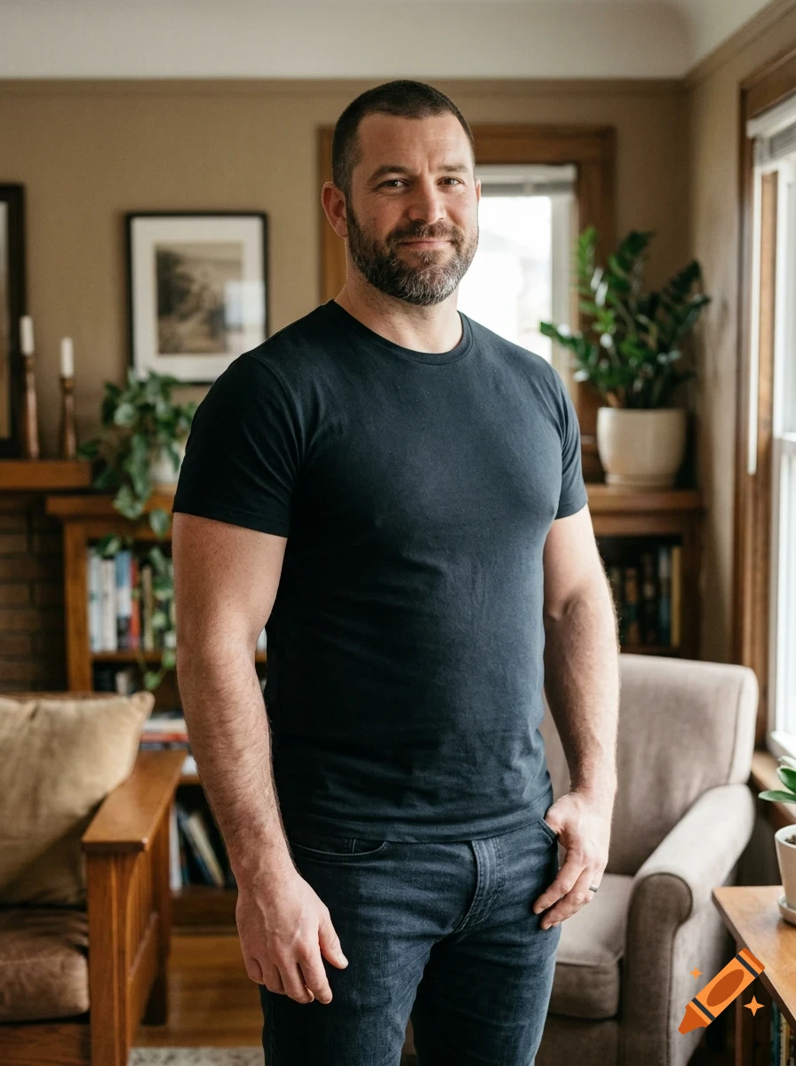 A man with short hair and a beard wearing a dark t-shirt and jeans standing indoors.