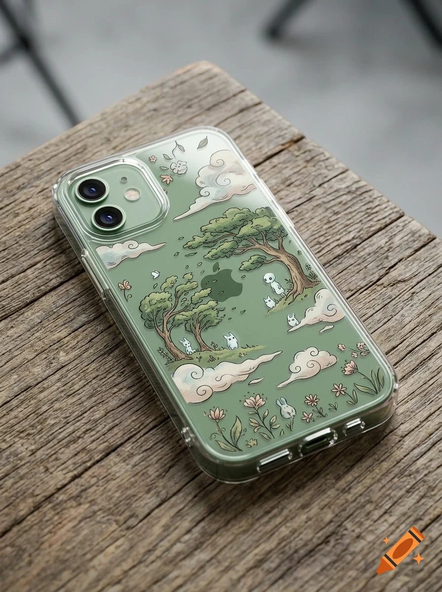 A clear smartphone case with an illustrative design of trees, clouds, small forest spirits, and flowers rests on a rustic wooden surface.