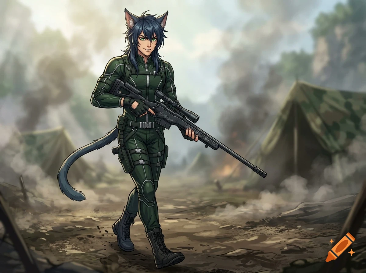 An anime-style digital illustration of a cat-eared character in a green tactical suit, holding a sniper rifle while walking through a military camp.