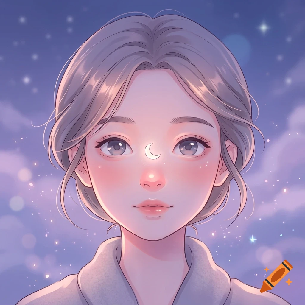 An anime-style digital portrait of a person with light purple hair and large eyes against a night sky with clouds and stars, featuring a crescent moon on their nose.
