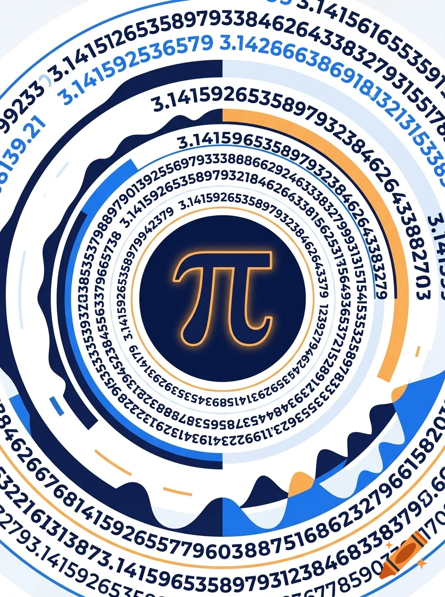 Flat vector illustration of concentric circles filled with millions of digits of pi and a glowing pi symbol in the center.
