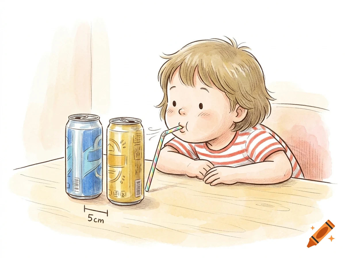 Watercolor illustration of a child drinking from a straw next to two soda cans on a table.