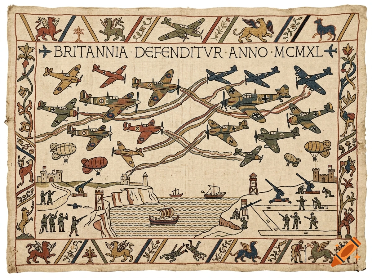 Bayeux tapestry style panel depicting the Battle of Britain with airplanes, anti-aircraft guns, and Latin text across the top.
