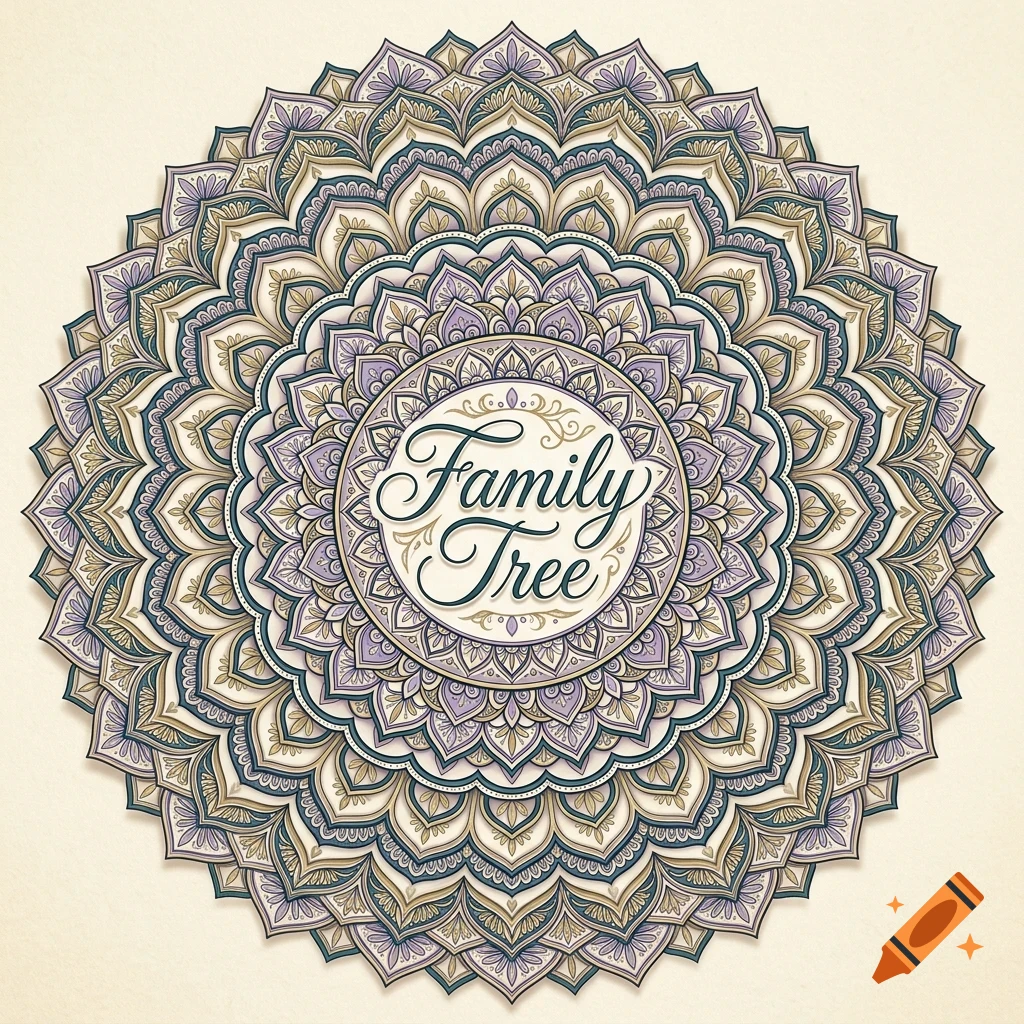 An intricate circular mandala design featuring ornate petal and leaf patterns in shades of purple, beige, and dark teal, with the text Family Tree in the center.