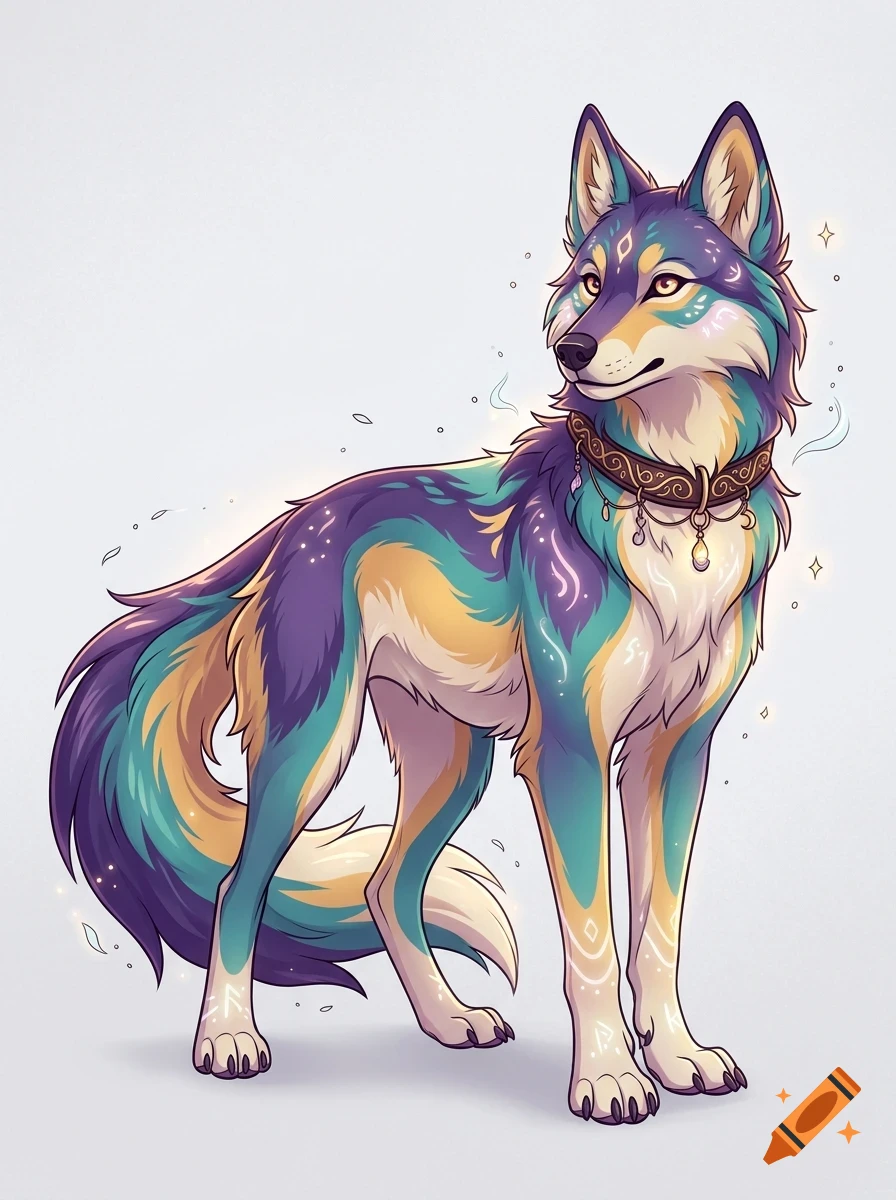 An illustrated full-body portrait of a fantastical wolf with purple, teal, and gold fur, wearing an ornate collar against a plain background.
