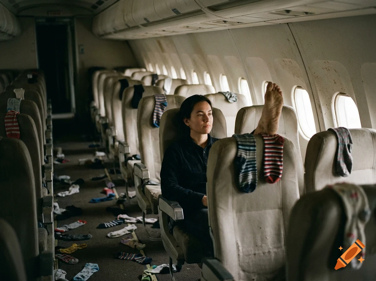 A person sits in an airplane cabin filled with numerous socks scattered on the floor and draped over seats, with one bare foot propped up.