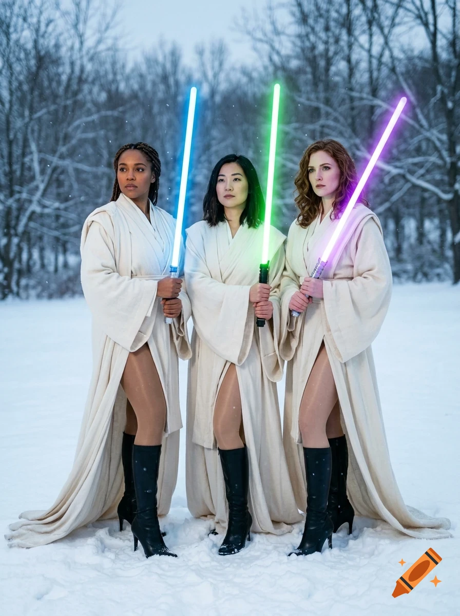 Three women in white robes holding glowing blue, green, and purple lightsabers while standing in a snowy forest.